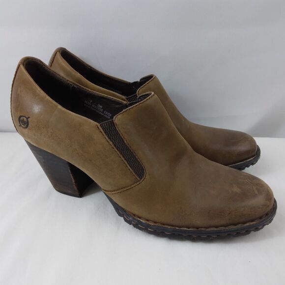 Born W81296 Gertrude Brown Leather Slip-On Bootie Heel Distressed Women's US 7 - Picture 1 of 14